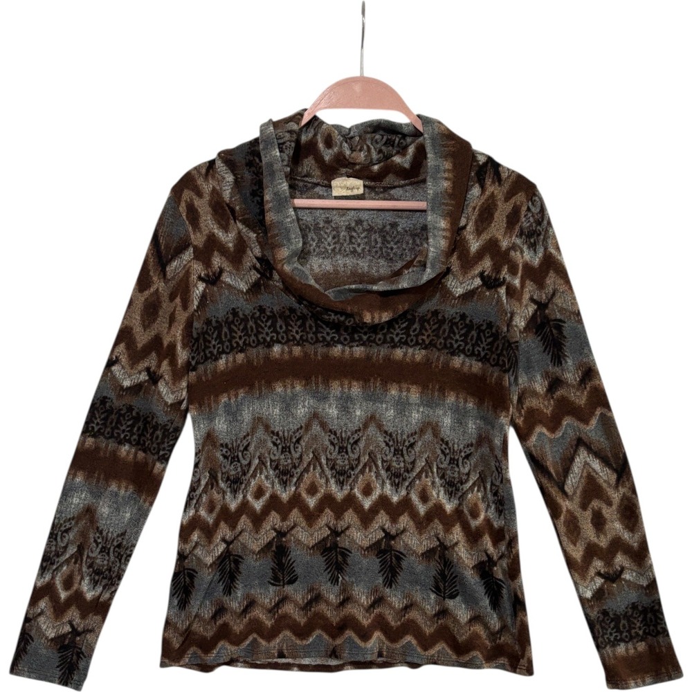 Daytrip Brown Boho Aztec Print Cowl Neck Long Sleeve Top Womens Sz L USA Stretch - Picture 2 of 6